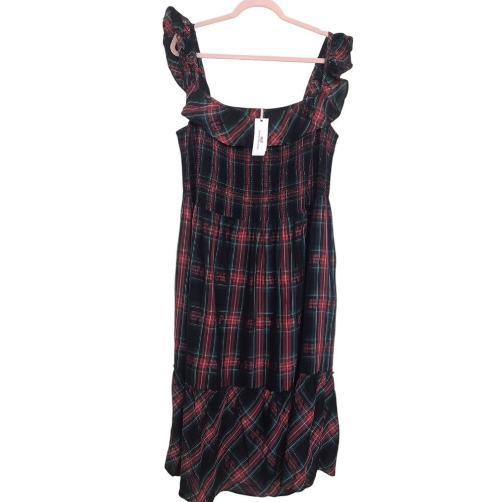 Vineyard Vines Midi Dress Apres Ruffle Trimmed Tartan Plaid Size XXL Smocked